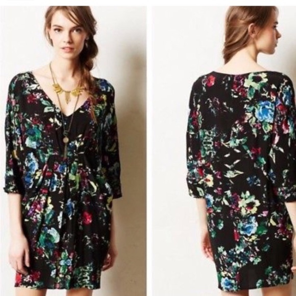 Anthropologie Maeve Black Floral Loose Dress Sm P